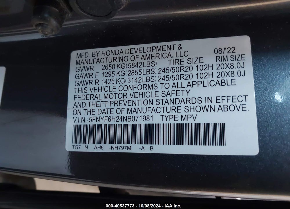 2022 HONDA PILOT AWD SPECIAL EDITION VIN: 5FNYF6H24NB071981