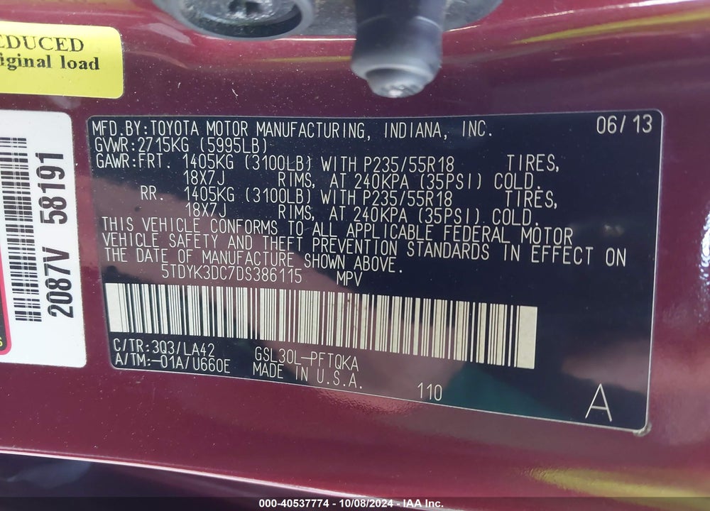 2013 TOYOTA SIENNA LIMITED V6 7 PASSENGER VIN: 5TDYK3DC7DS386115