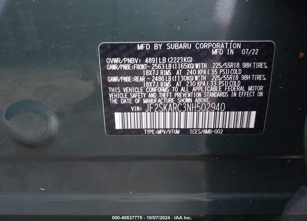 2022 SUBARU FORESTER TOURING VIN: JF2SKARC3NH502940