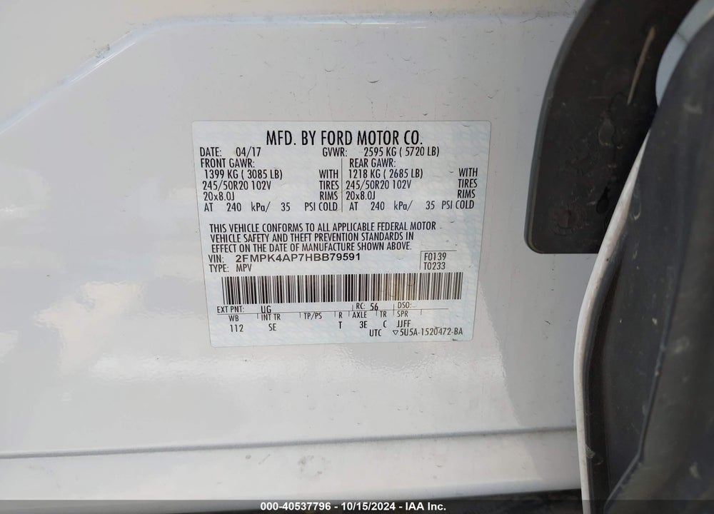 2017 FORD EDGE SPORT VIN: 2FMPK4AP7HBB79591