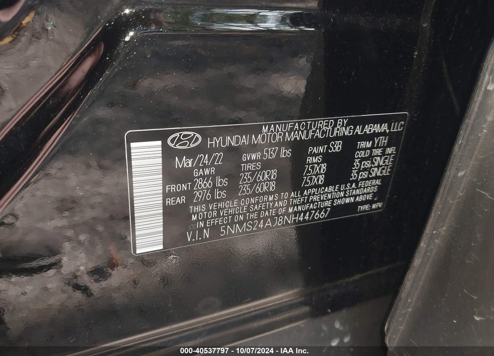 2022 HYUNDAI SANTA FE SEL VIN: 5NMS24AJ8NH447667