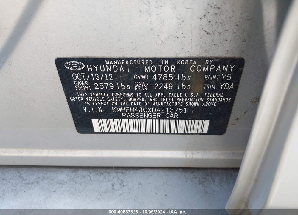2013 HYUNDAI AZERA VIN: KMHFH4JGXDA213751