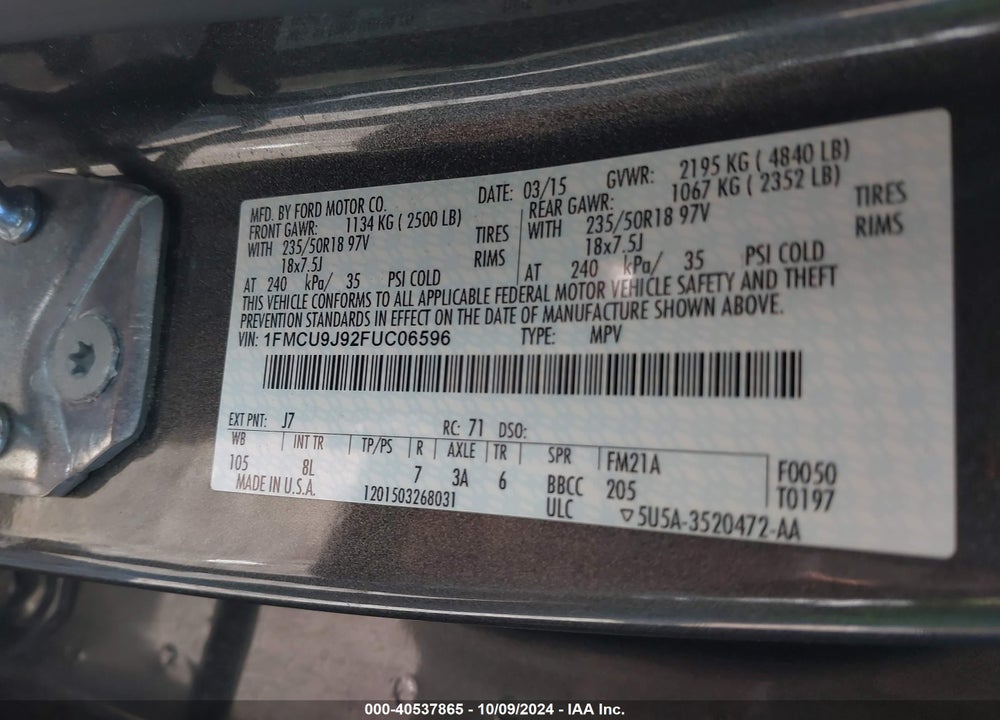 2015 FORD ESCAPE TITANIUM VIN: 1FMCU9J92FUC06596