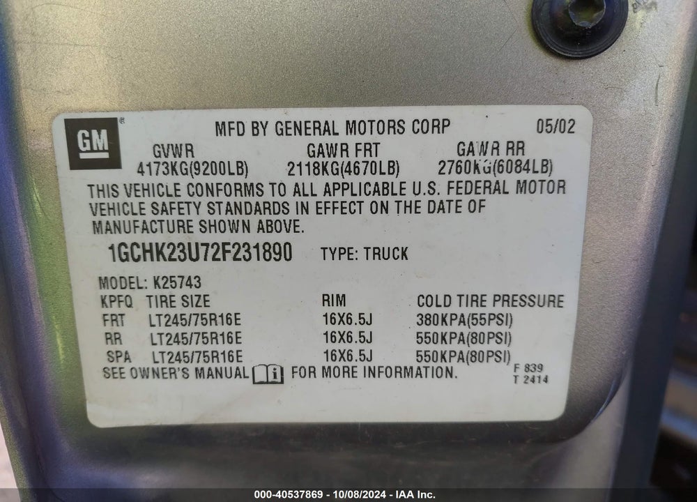 2002 CHEVROLET SILVERADO 2500HD LT VIN: 1GCHK23U72F231890
