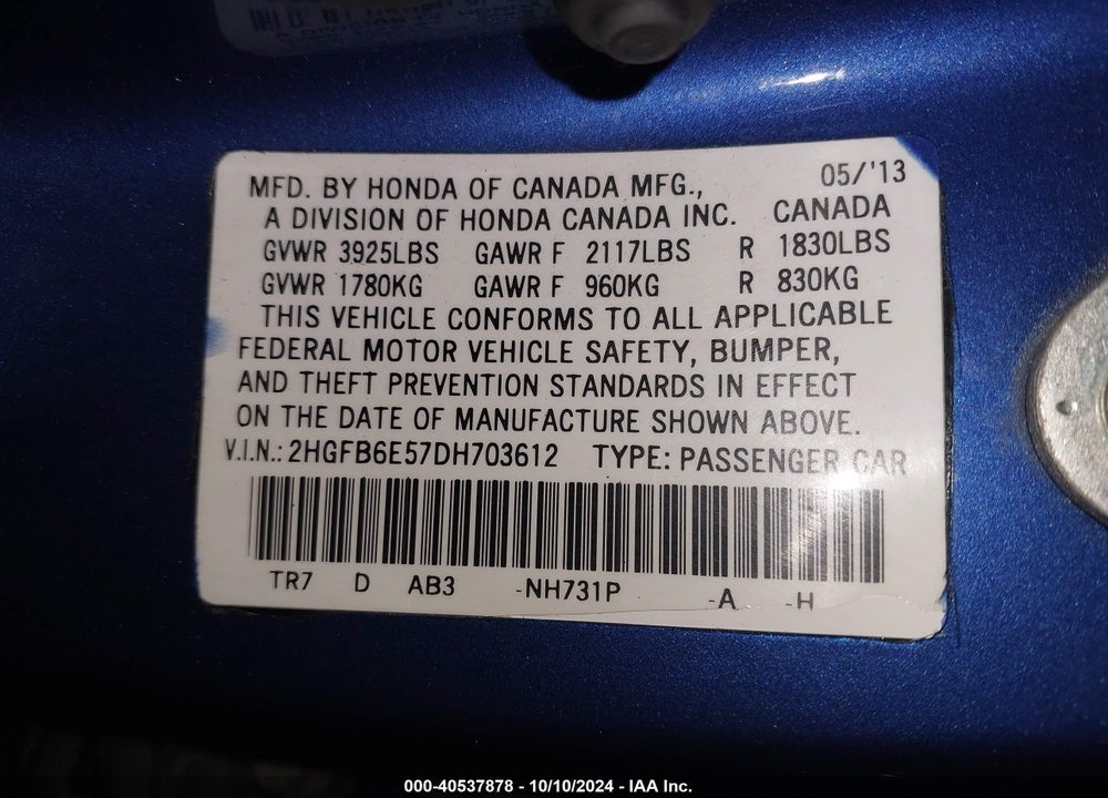 2013 HONDA CIVIC SI VIN: 2HGFB6E57DH703612