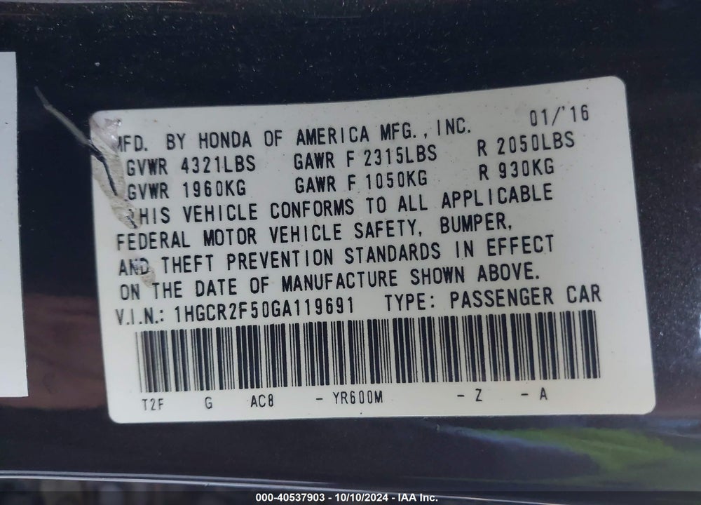 2016 HONDA ACCORD SPORT VIN: 1HGCR2F50GA119691
