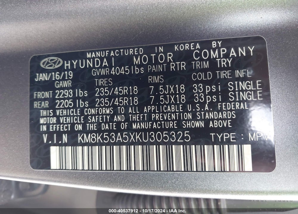 2019 HYUNDAI KONA IRON MAN VIN: KM8K53A5XKU305325