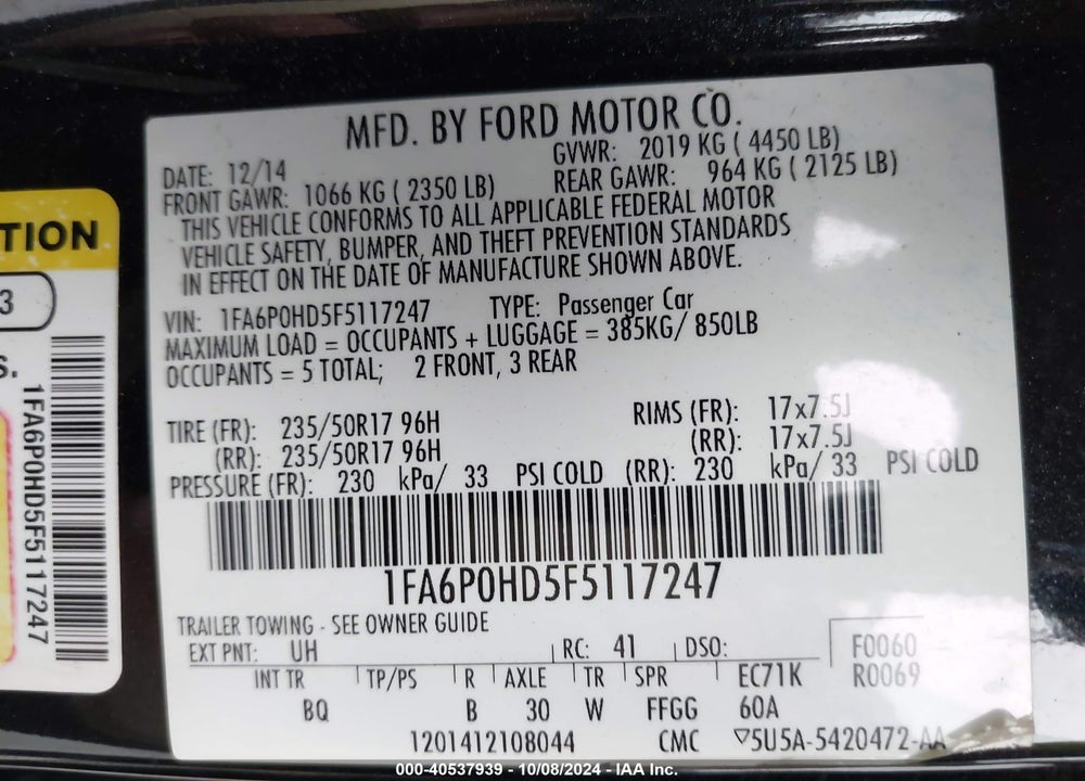 2015 FORD FUSION SE VIN: 1FA6P0HD5F5117247