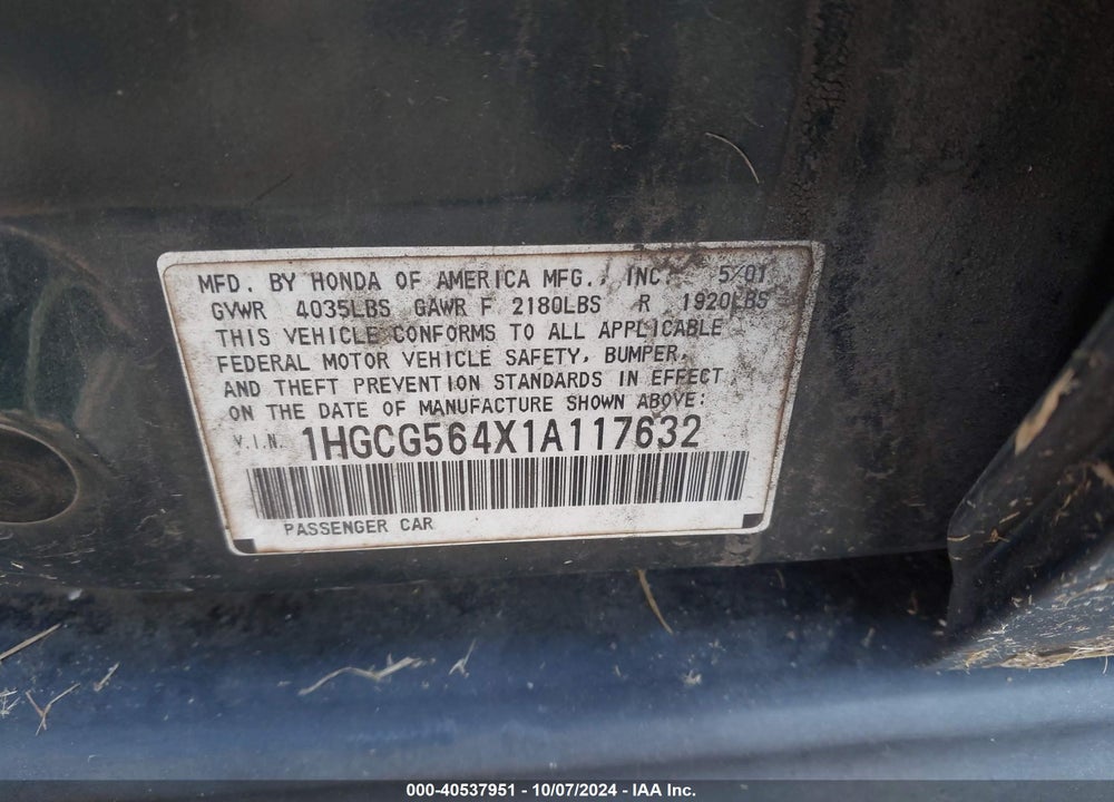 2001 HONDA ACCORD 2.3 LX VIN: 1HGCG564X1A117632