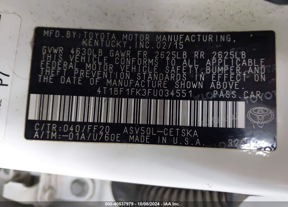 2015 TOYOTA CAMRY SE VIN: 4T1BF1FK3FU034551