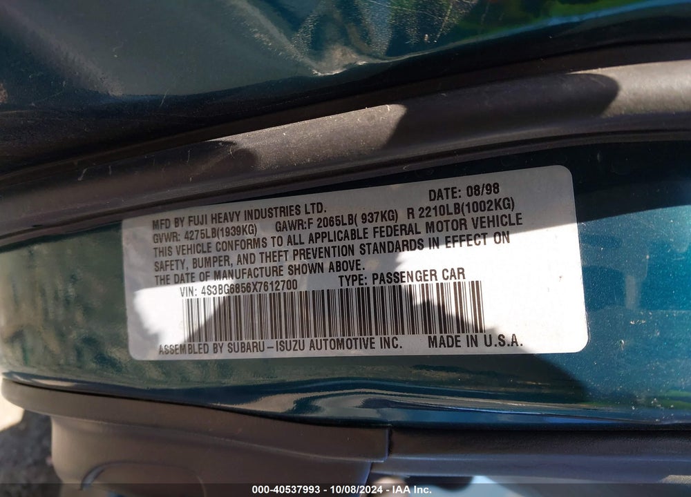 1999 SUBARU LEGACY VIN: 4S3BG6856X7612700