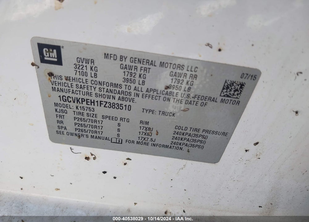 2015 CHEVROLET SILVERADO 1500 WT VIN: 1GCVKPEH1FZ383510