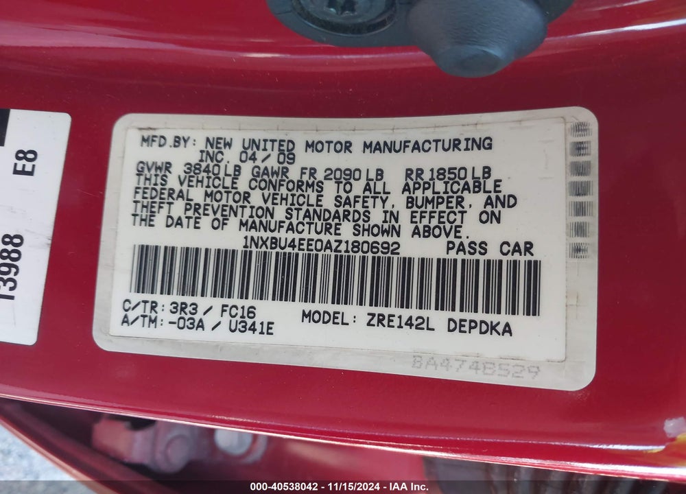 2010 TOYOTA COROLLA LE VIN: 1NXBU4EE0AZ180692