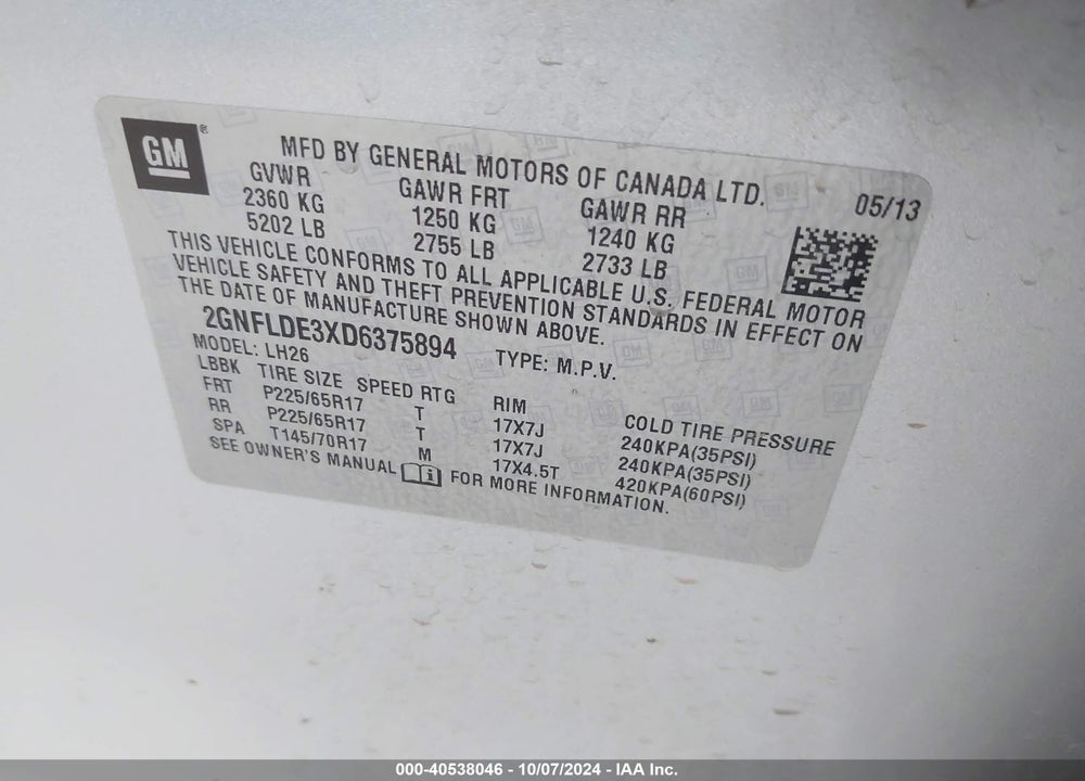 2013 CHEVROLET EQUINOX 1LT VIN: 2GNFLDE3XD6375894