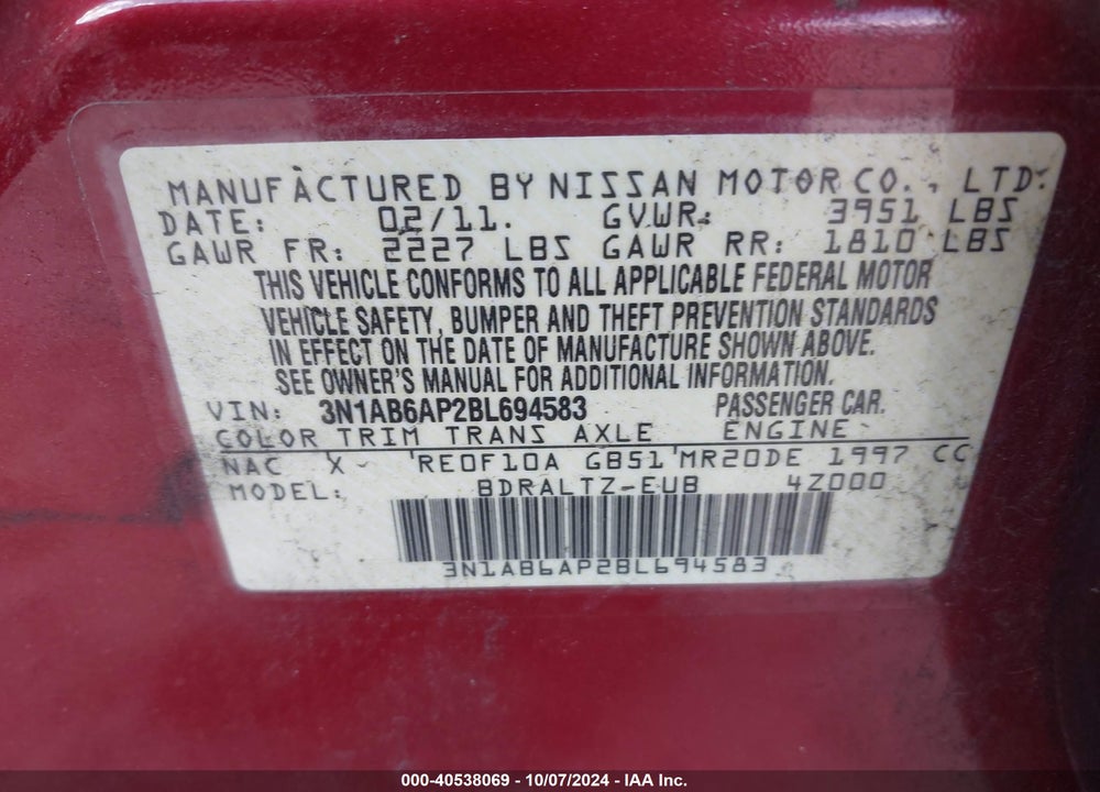 2011 NISSAN SENTRA 2.0S VIN: 3N1AB6AP2BL694583