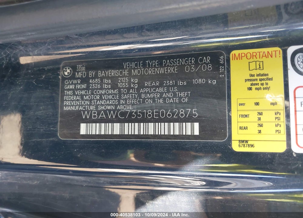 2008 BMW 335XI VIN: WBAWC73518E062875