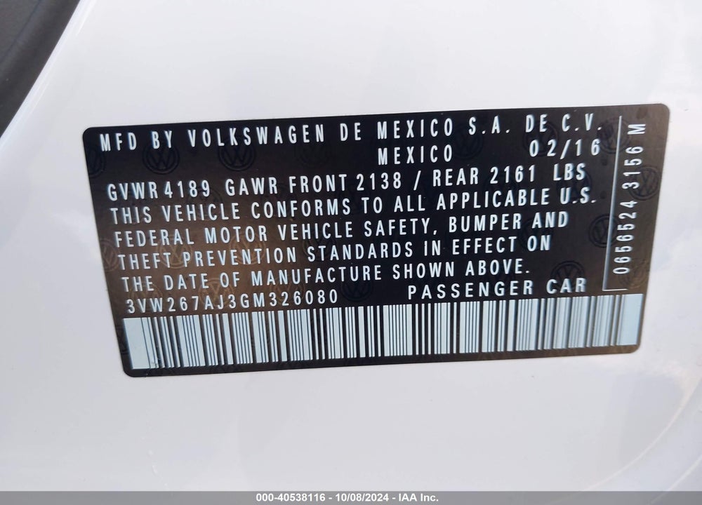 2016 VOLKSWAGEN JETTA 1.4T S VIN: 3VW267AJ3GM326080