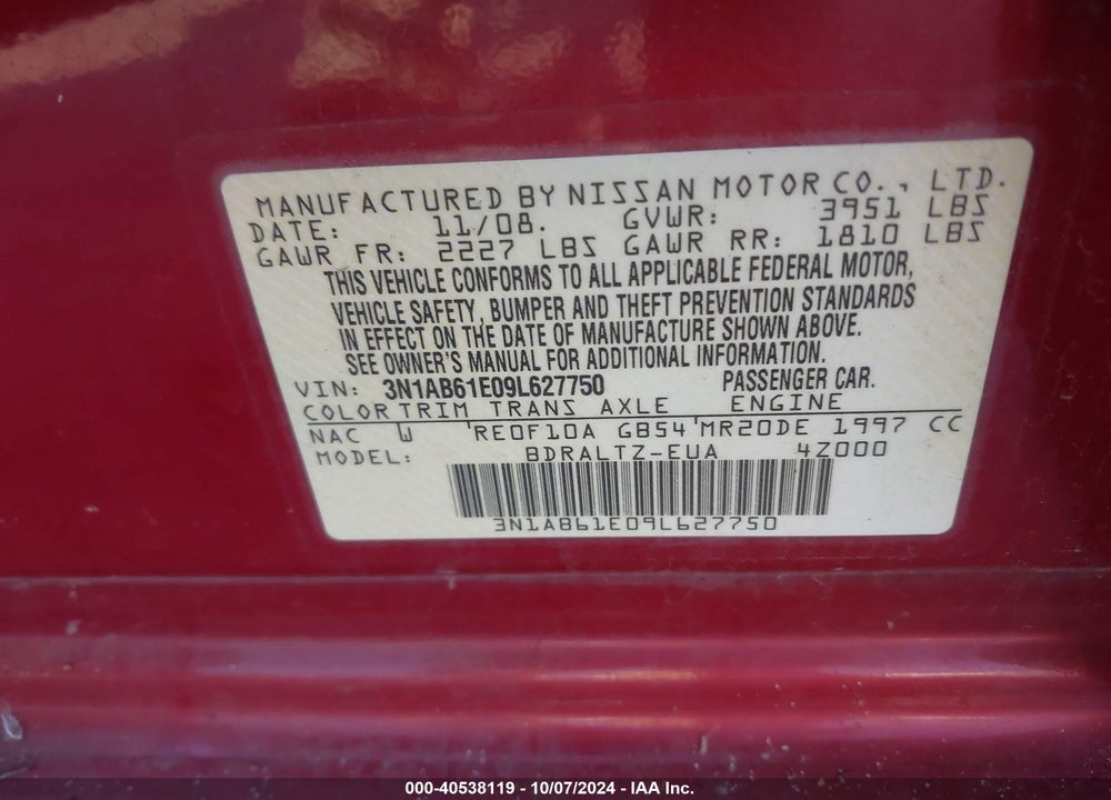 2009 NISSAN SENTRA 2.0S VIN: 3N1AB61E09L627750