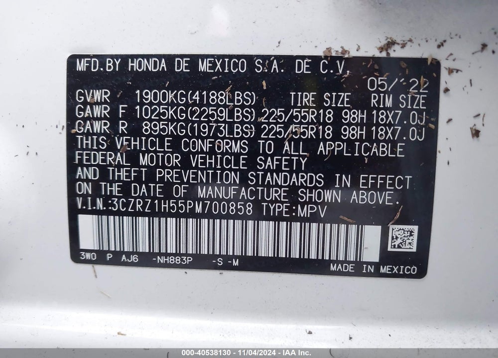 2023 HONDA HR-V 2WD SPORT VIN: 3CZRZ1H55PM700858
