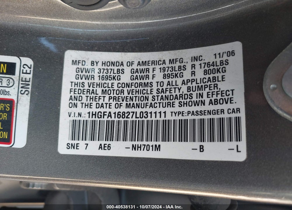 2007 HONDA CIVIC EX VIN: 1HGFA16827L031111