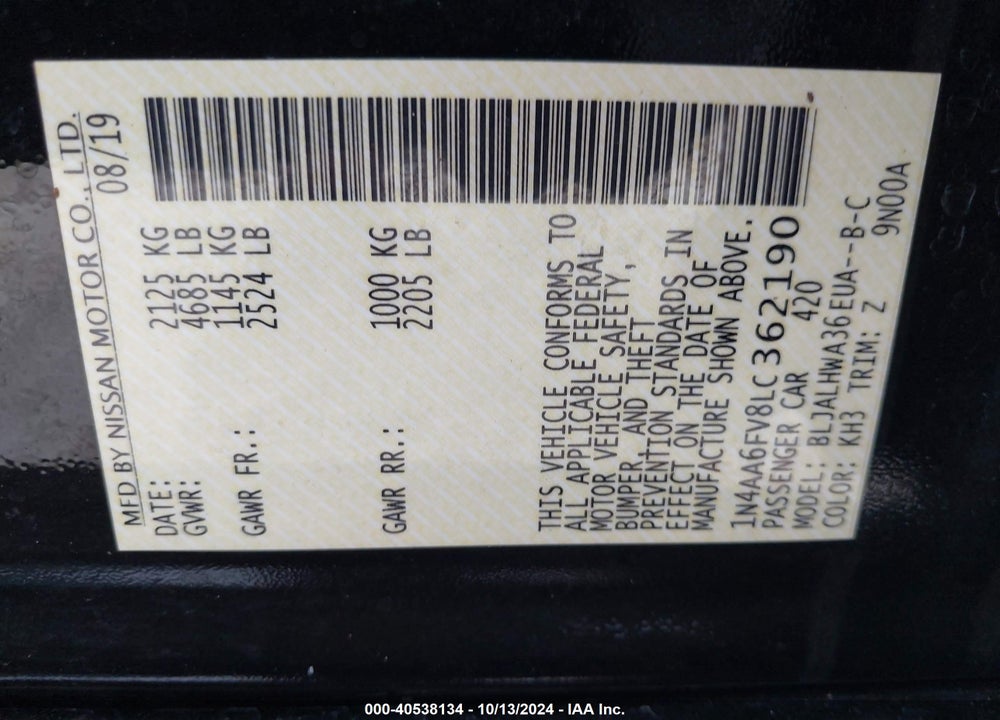 2020 NISSAN MAXIMA PLATINUM XTRONIC CVT VIN: 1N4AA6FV8LC362190