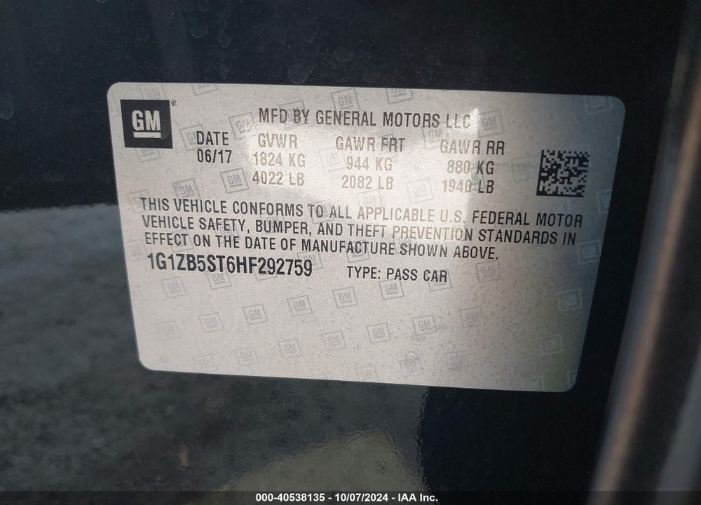 2017 CHEVROLET MALIBU LS VIN: 1G1ZB5ST6HF292759