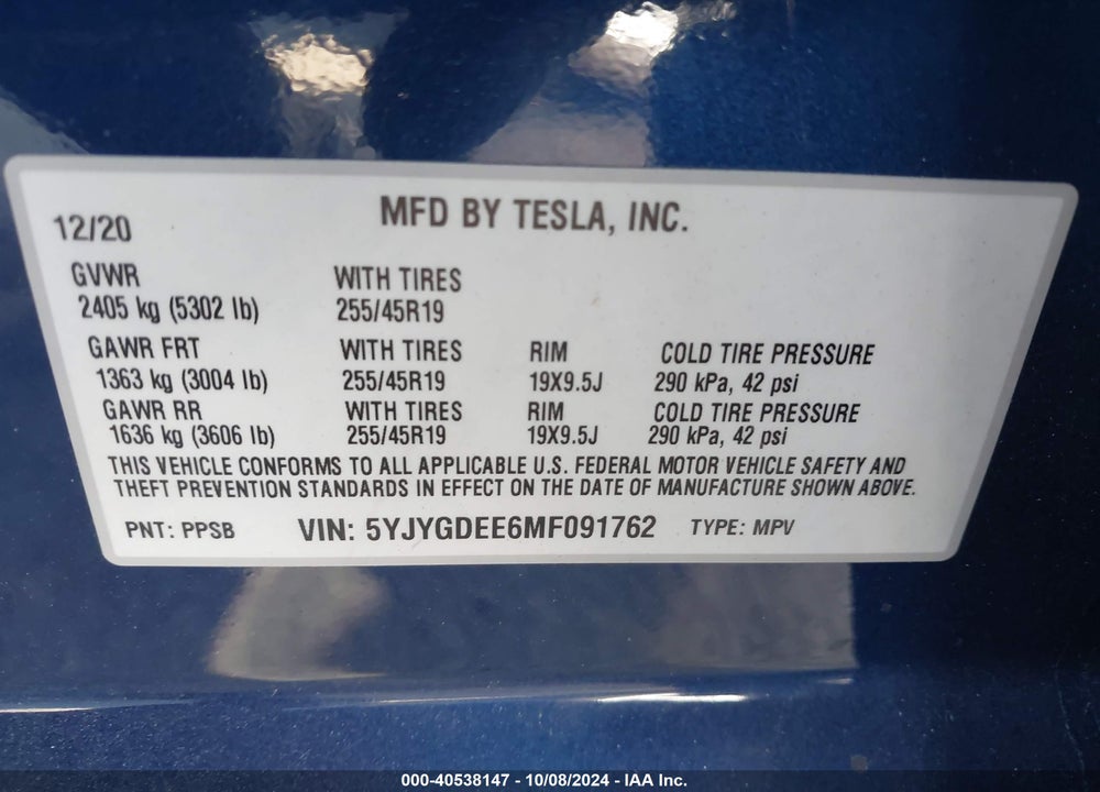 2021 TESLA MODEL Y LONG RANGE DUAL MOTOR ALL-WHEEL DRIVE VIN: 5YJYGDEE6MF091762