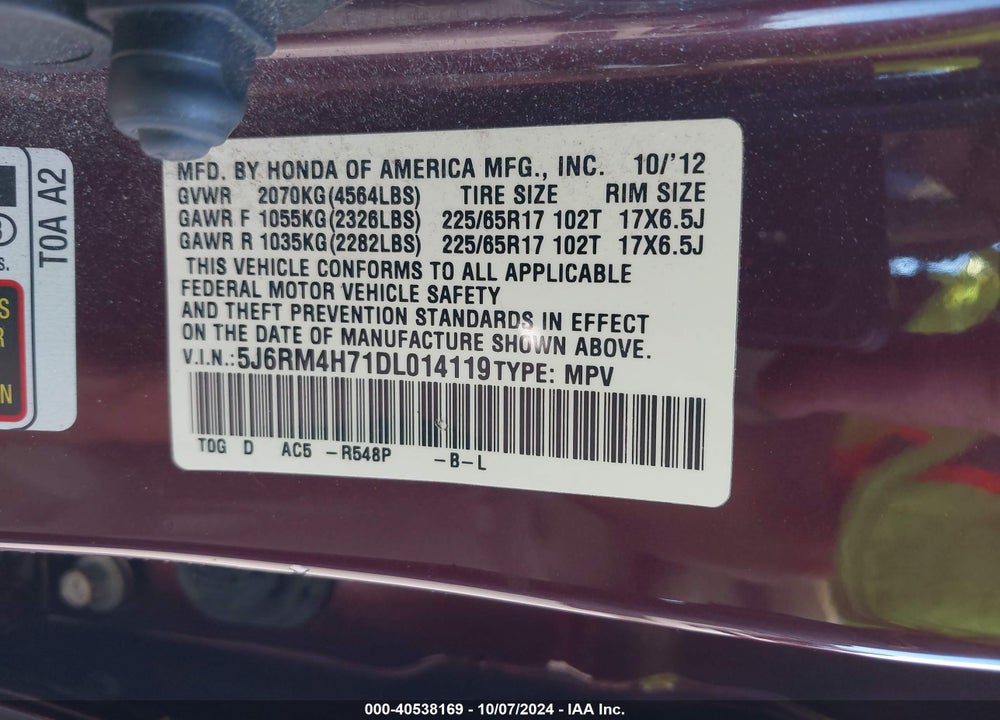 2013 HONDA CR-V EX-L VIN: 5J6RM4H71DL014119
