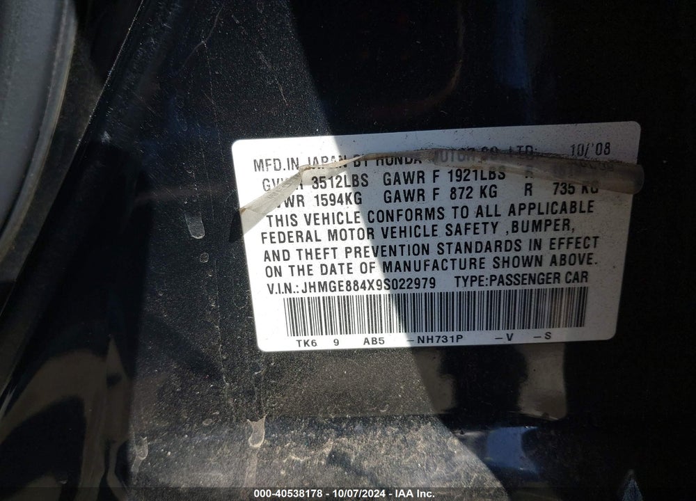 2009 HONDA FIT SPORT VIN: JHMGE884X9S022979