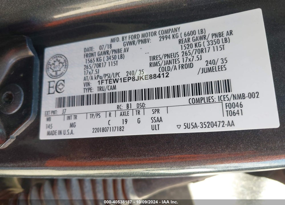 2018 FORD F-150 XLT VIN: 1FTEW1EP8JKE88412
