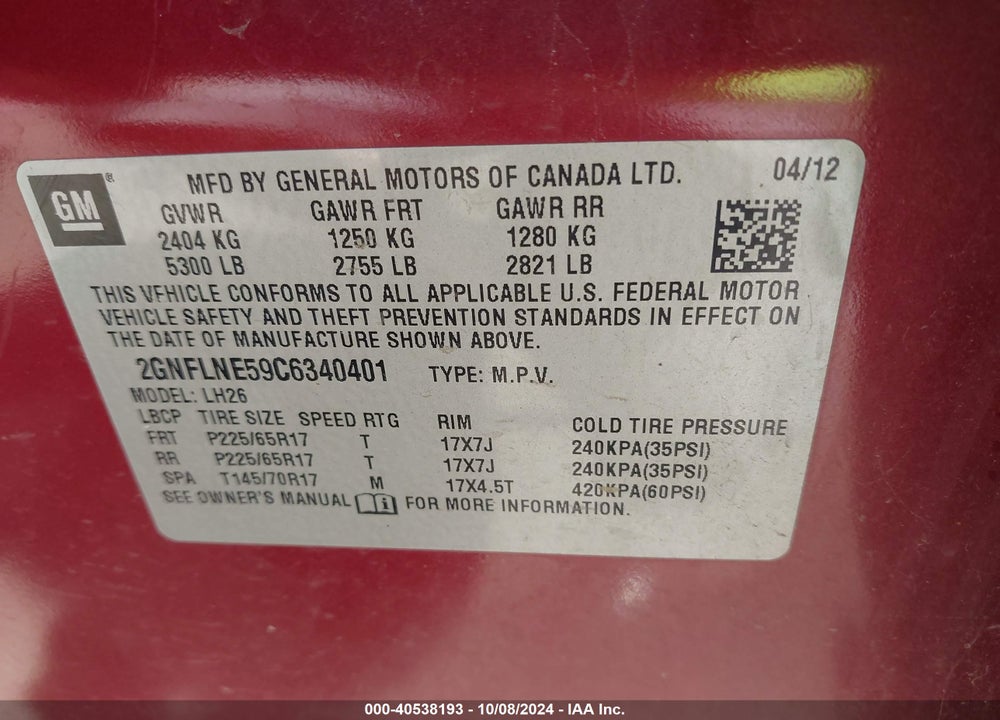 2012 CHEVROLET EQUINOX 2LT VIN: 2GNFLNE59C6340401