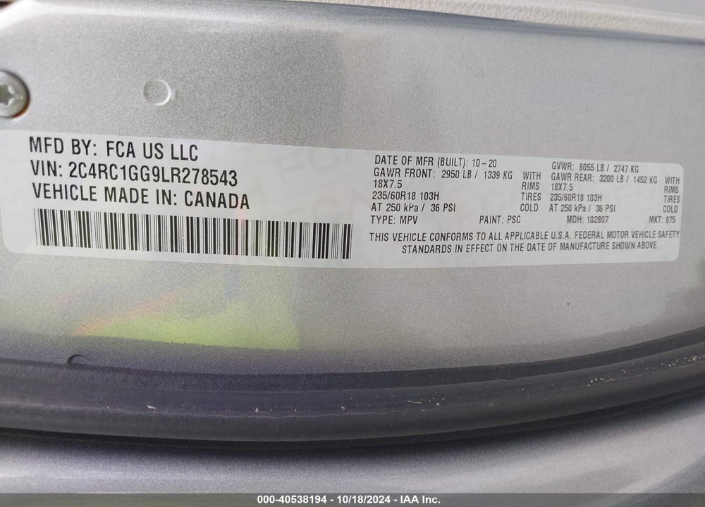 2020 CHRYSLER PACIFICA LIMITED VIN: 2C4RC1GG9LR278543