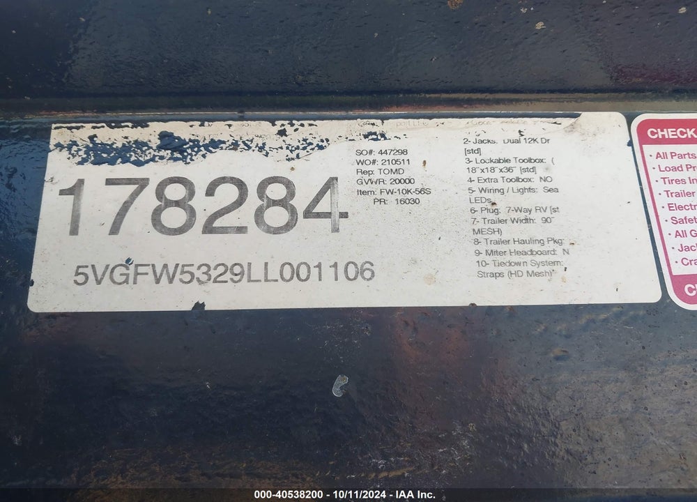 2020 KAUFMAN TRAILERS TRAILER VIN: 5VGFW5329LL001106