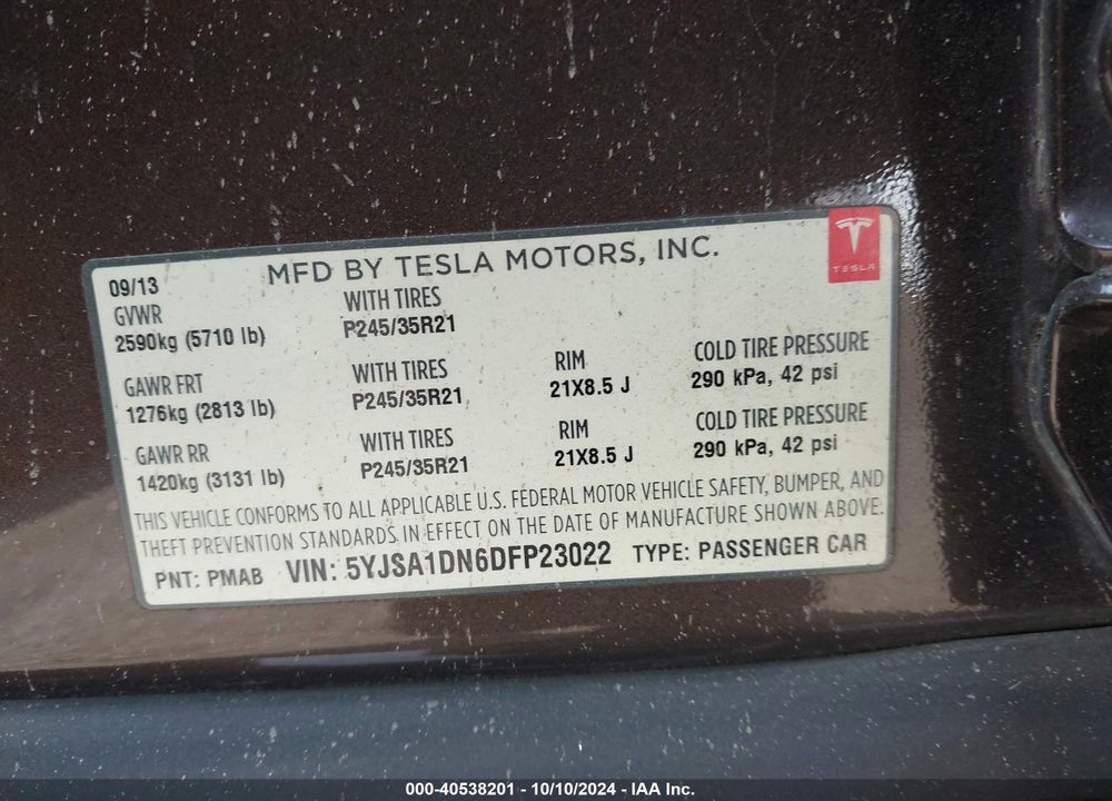 2013 TESLA MODEL S VIN: 5YJSA1DN6DFP23022