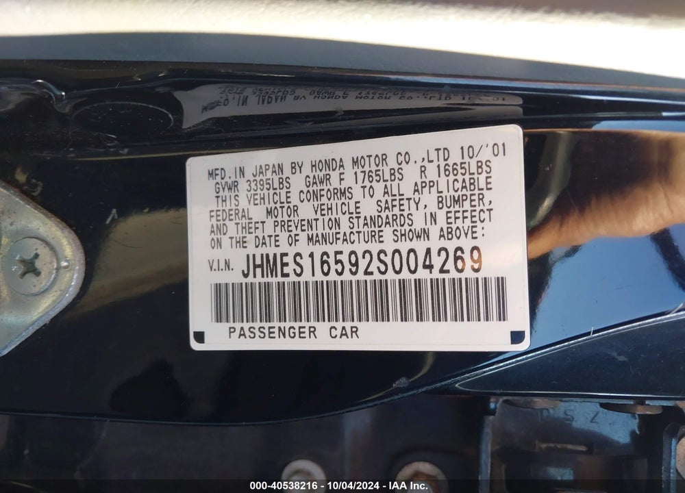 2002 HONDA CIVIC LX VIN: JHMES16592S004269