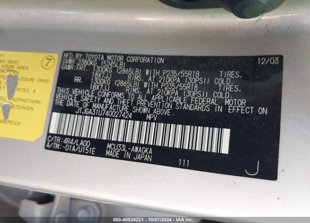 2004 LEXUS RX 330 VIN: JTJGA31U740027424