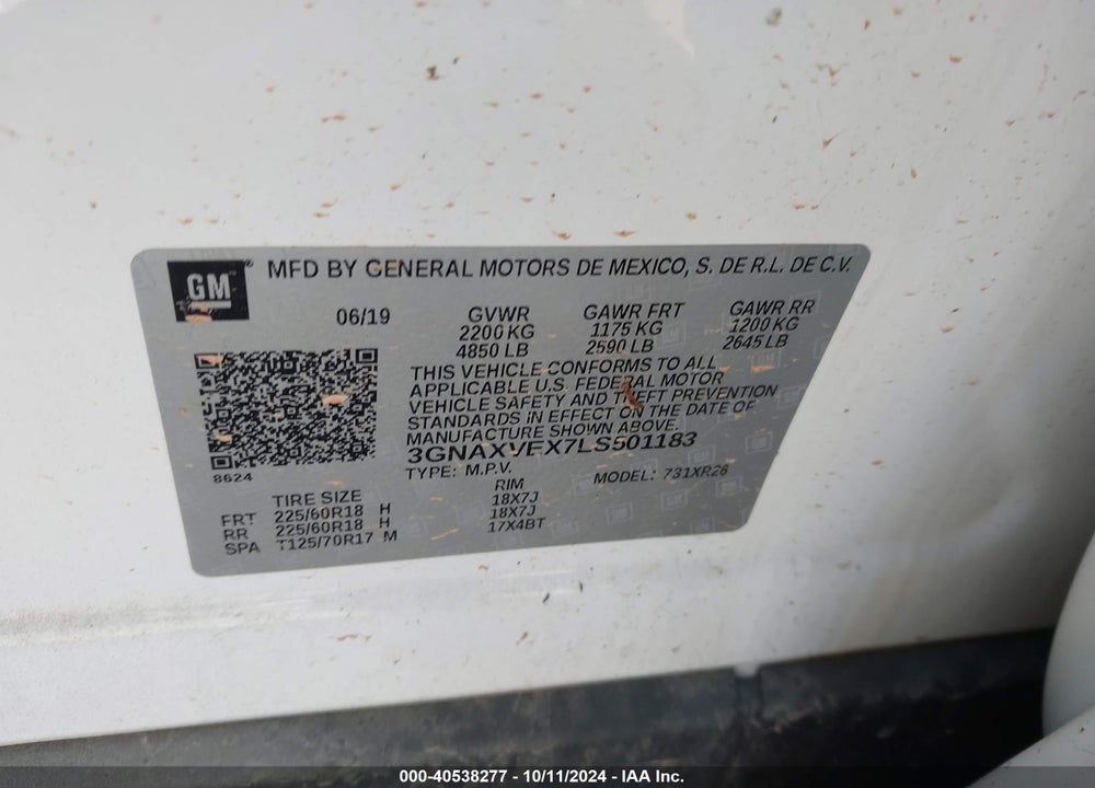 2020 CHEVROLET EQUINOX AWD LT 2.0L TURBO VIN: 3GNAXVEX7LS501183
