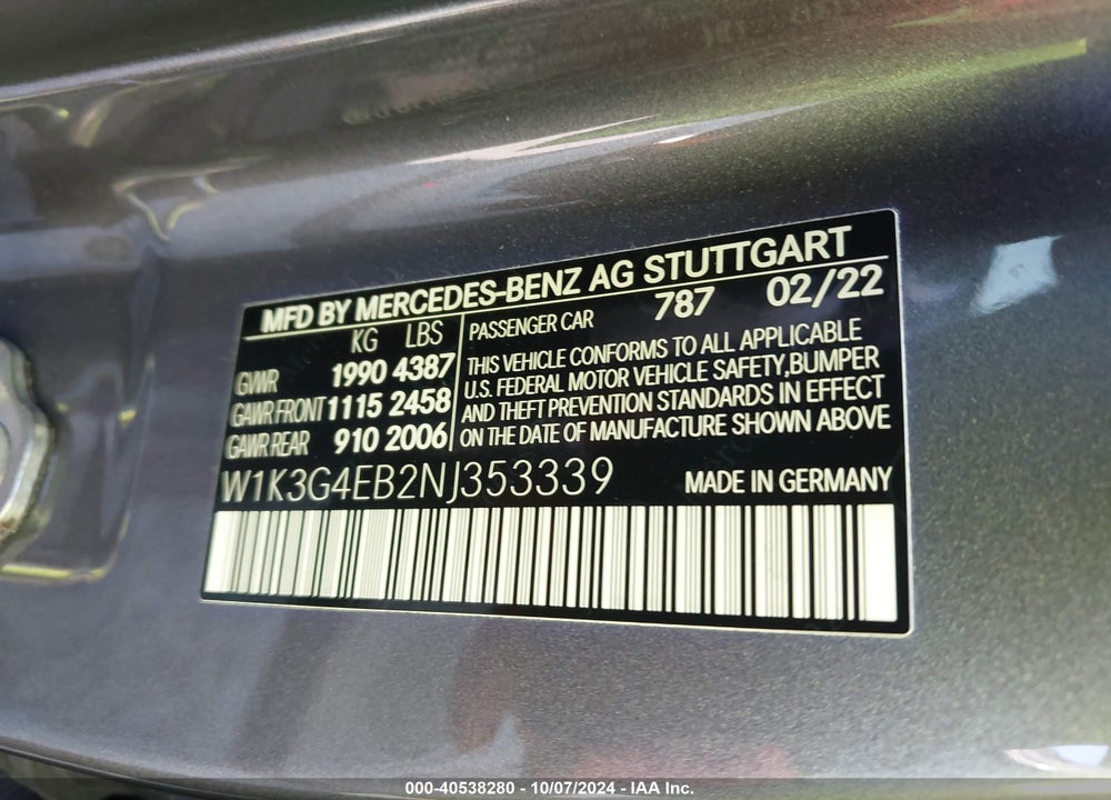 2022 MERCEDES-BENZ A 220 VIN: W1K3G4EB2NJ353339