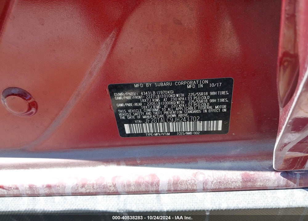 2018 SUBARU CROSSTREK 2.0I LIMITED VIN: JF2GTALC9JH243702