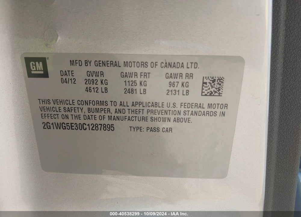2012 CHEVROLET IMPALA LT VIN: 2G1WG5E30C1287895