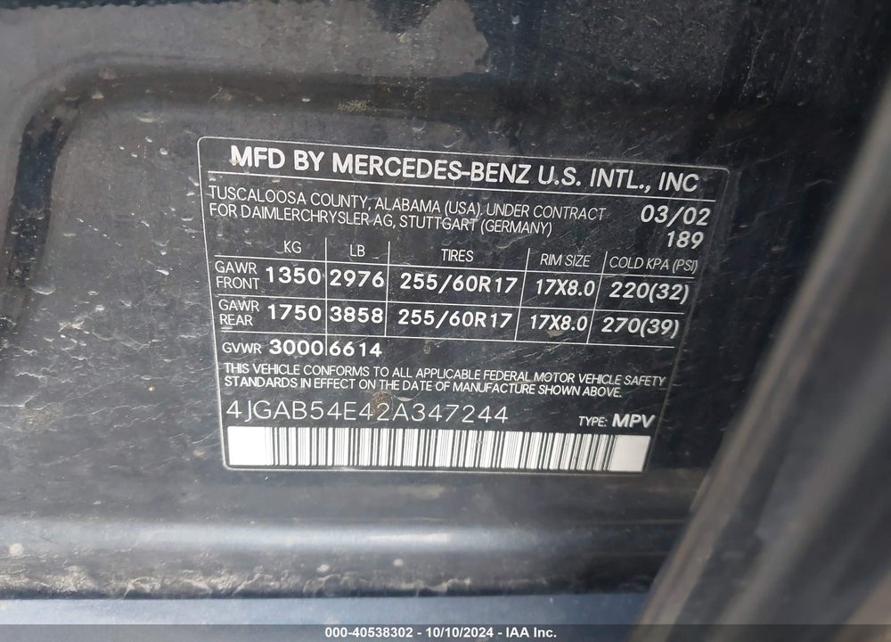 2002 MERCEDES-BENZ ML 320 VIN: 4JGAB54E42A347244