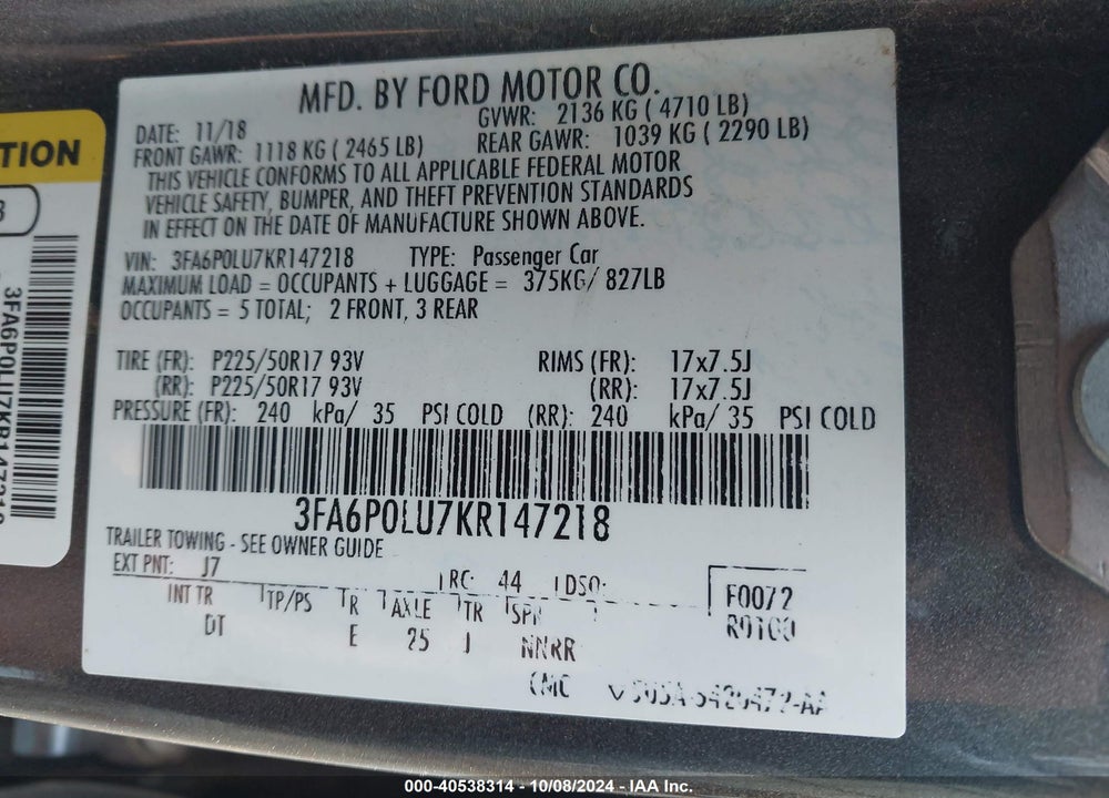 2019 FORD FUSION HYBRID SE VIN: 3FA6P0LU7KR147218