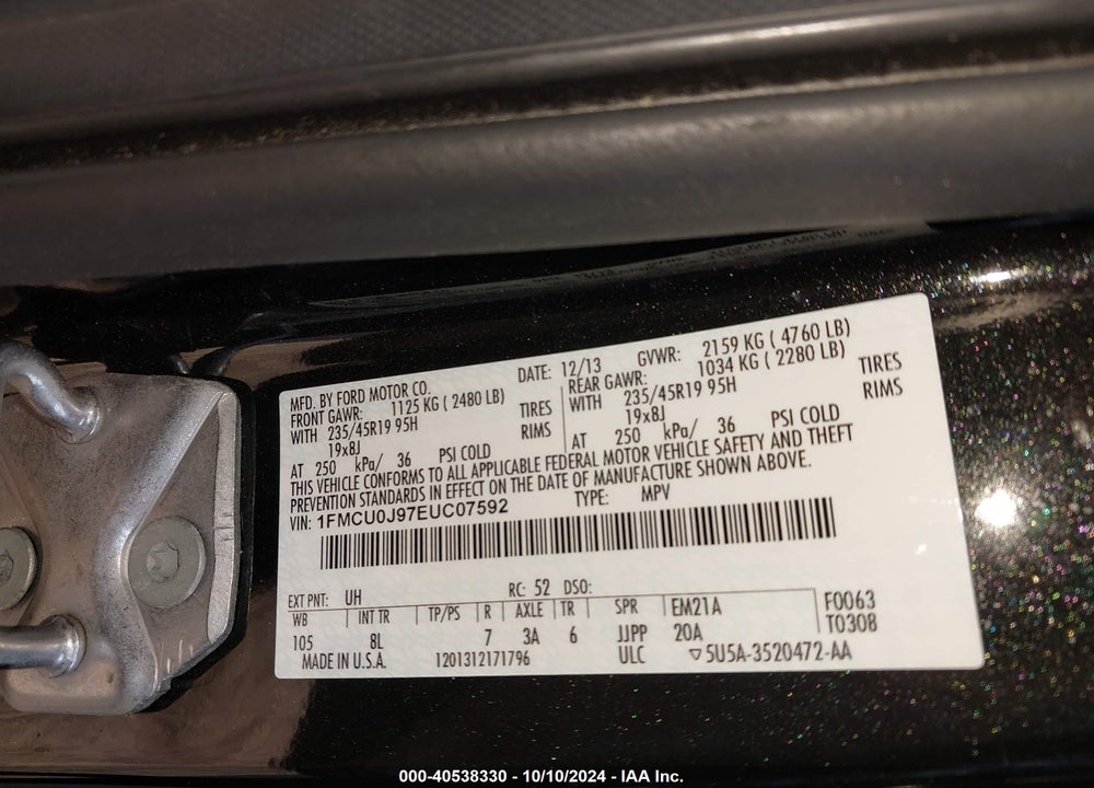 2014 FORD ESCAPE TITANIUM VIN: 1FMCU0J97EUC07592