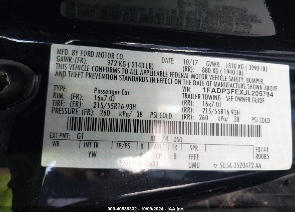 2018 FORD FOCUS VIN: 1FADP3FEXJL205784
