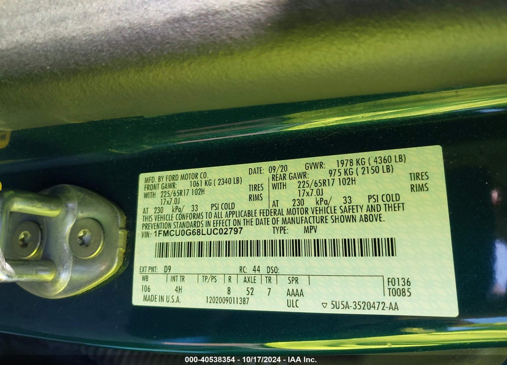 2020 FORD ESCAPE SE VIN: 1FMCU0G68LUC02797