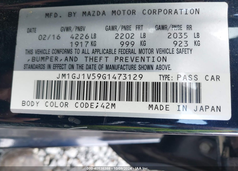 2016 MAZDA 6 I TOURING VIN: JM1GJ1V59G1473129
