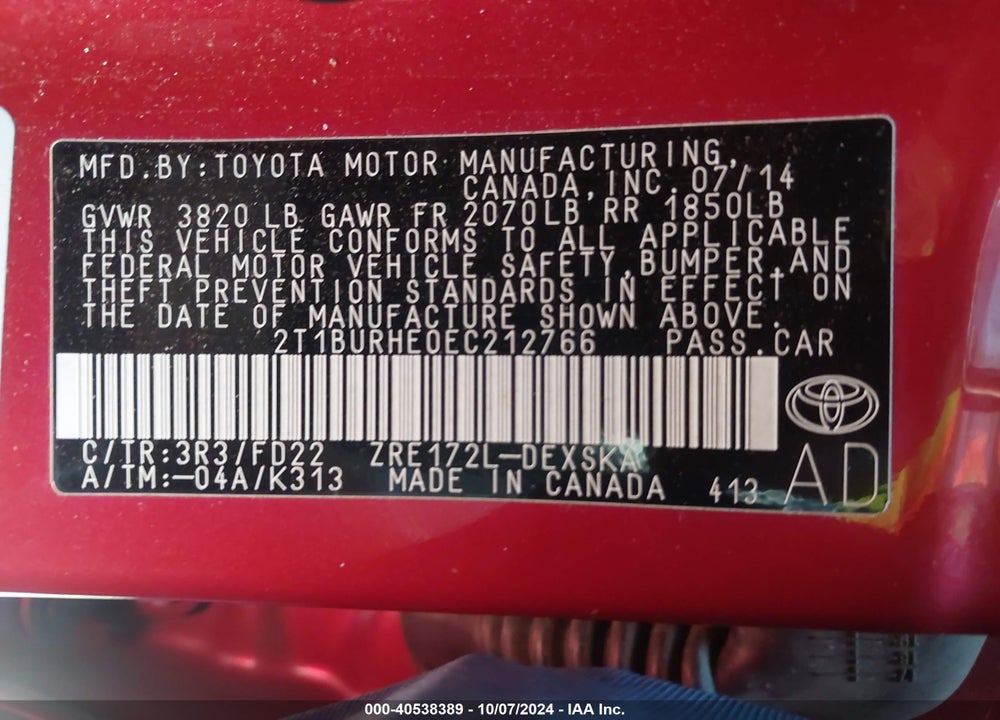 2014 TOYOTA COROLLA S PLUS VIN: 2T1BURHE0EC212766