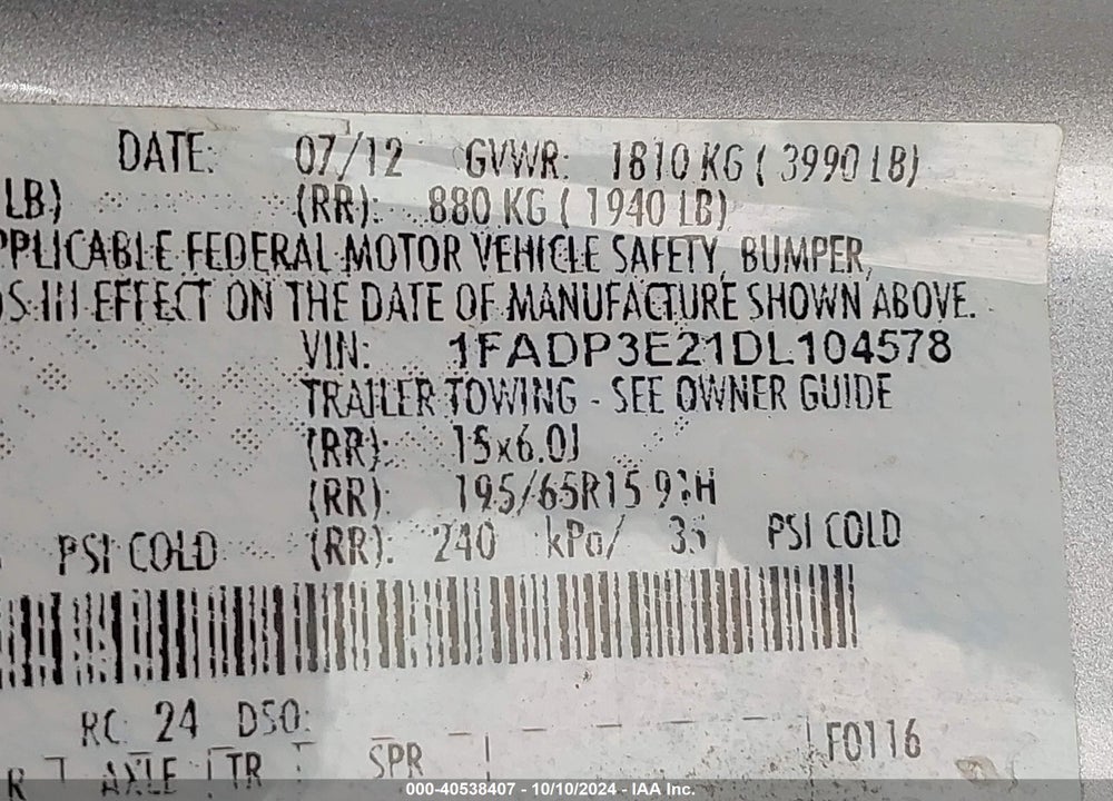 2013 FORD FOCUS VIN: 1FADP3E21DL104578