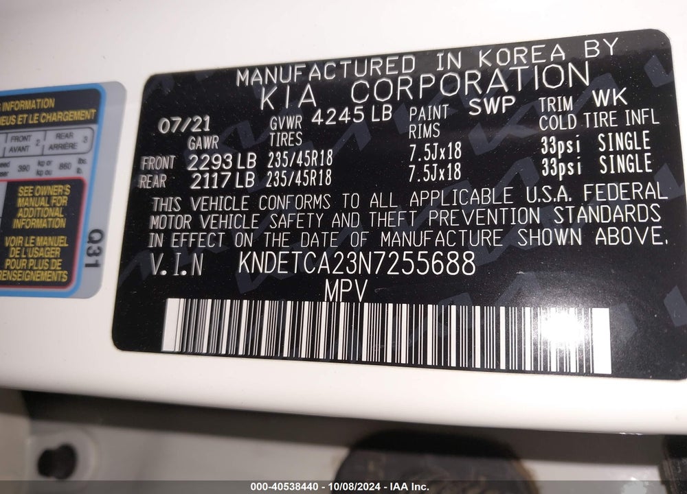 2022 KIA SELTOS SX TURBO VIN: KNDETCA23N7255688