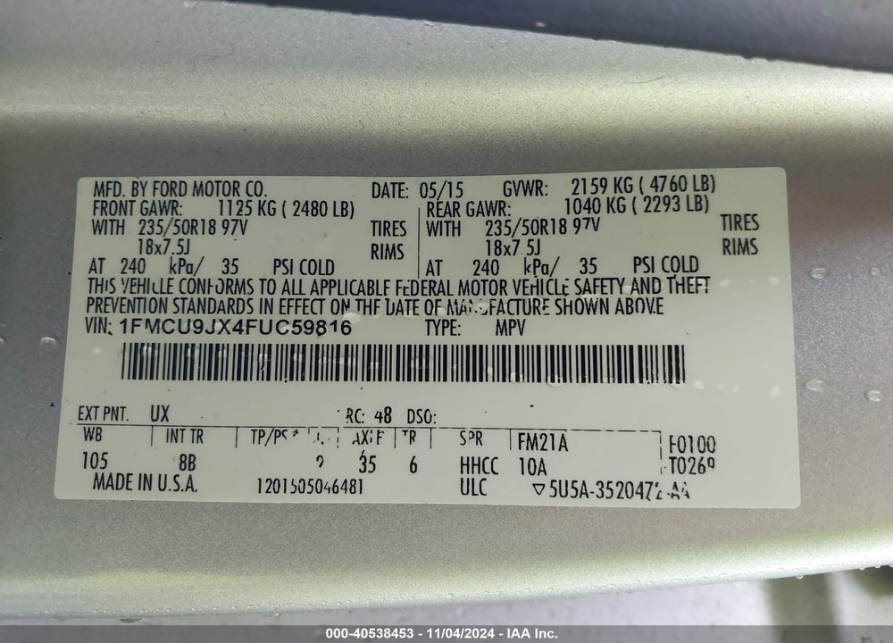 2015 FORD ESCAPE TITANIUM VIN: 1FMCU9JX4FUC59816